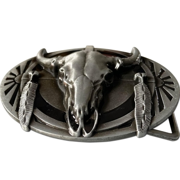 New Native American feather longhorn steer belt buckle.  Brass color available - Picture 2 of 4
